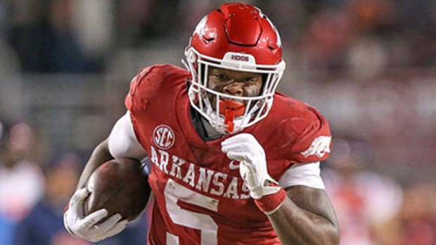 Arkansas running back Raheim "Rocket" Sanders breaks free during the second quarter of the Razorbacks' 42-27 win over the Rebels in the 2022 season.